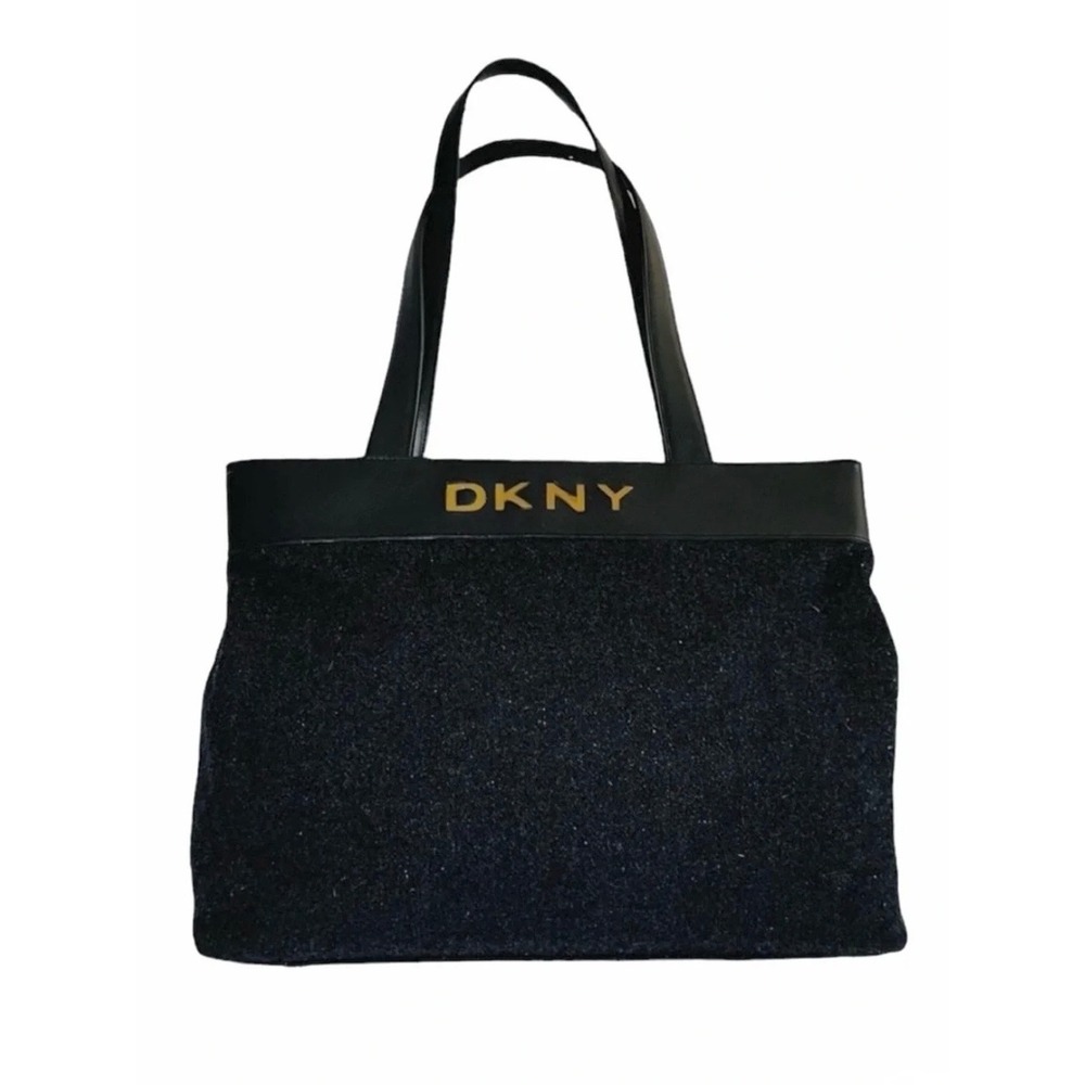 DKNY Black Wool Blend Faux Leather Trim Tote Bag Gold Logo Accent